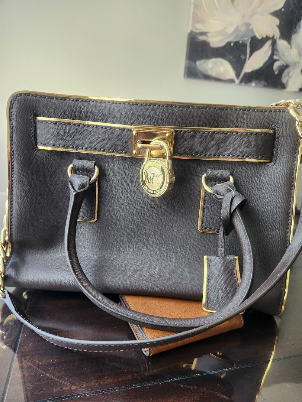 Michael Kors Dark Gray Saffiano Satchel with Gold-Tone Hardware,  Size Medium